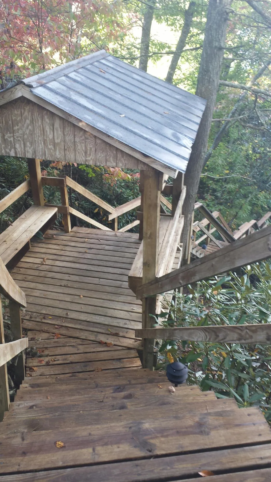 Metal roofed shelter over wooden steps on a wooded walkway — Skylight Repair & Installation work by our crew in Saint Rose